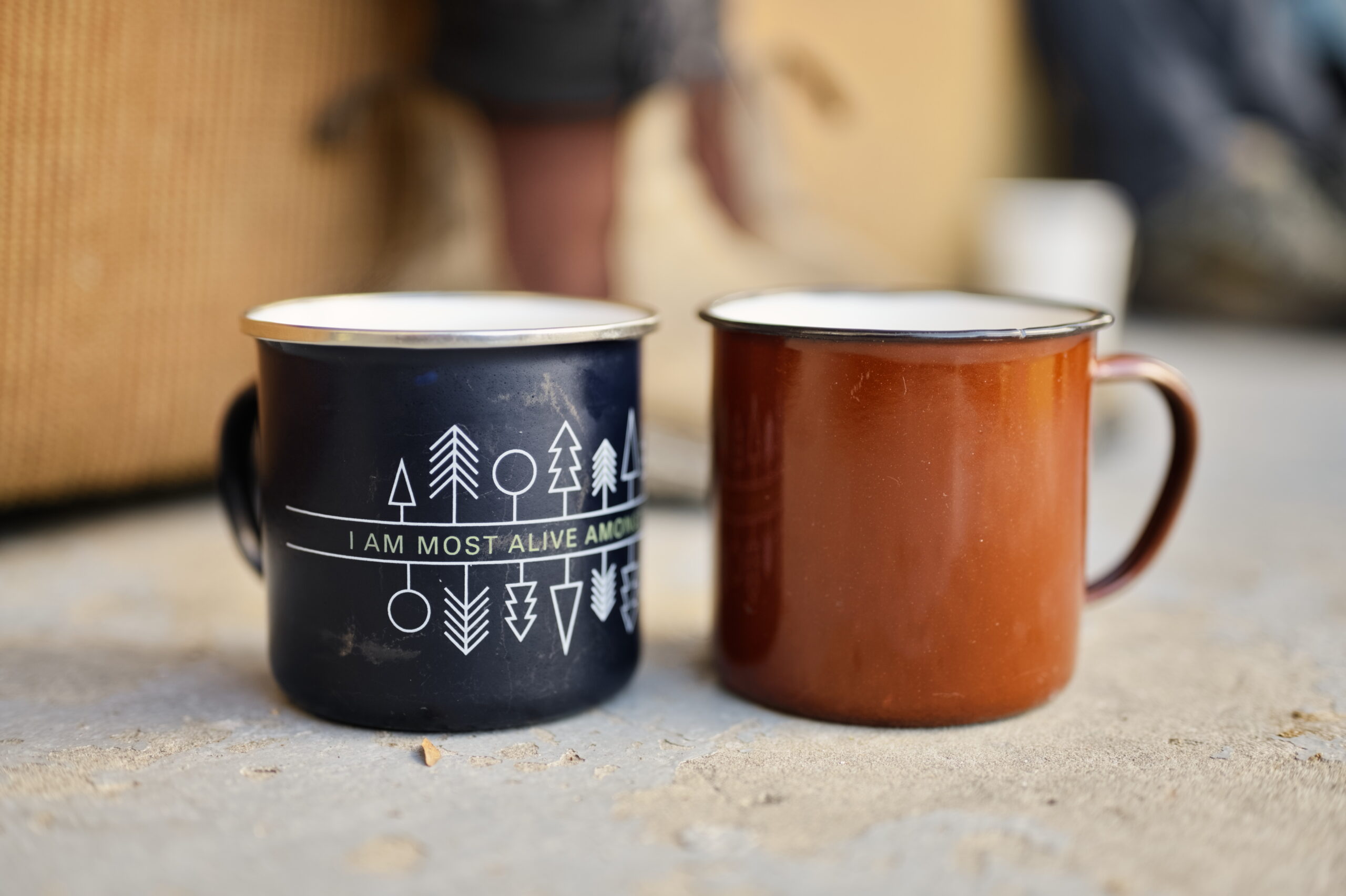 Closeup photo of 2 mugs, one of which has the text "I am most alive"